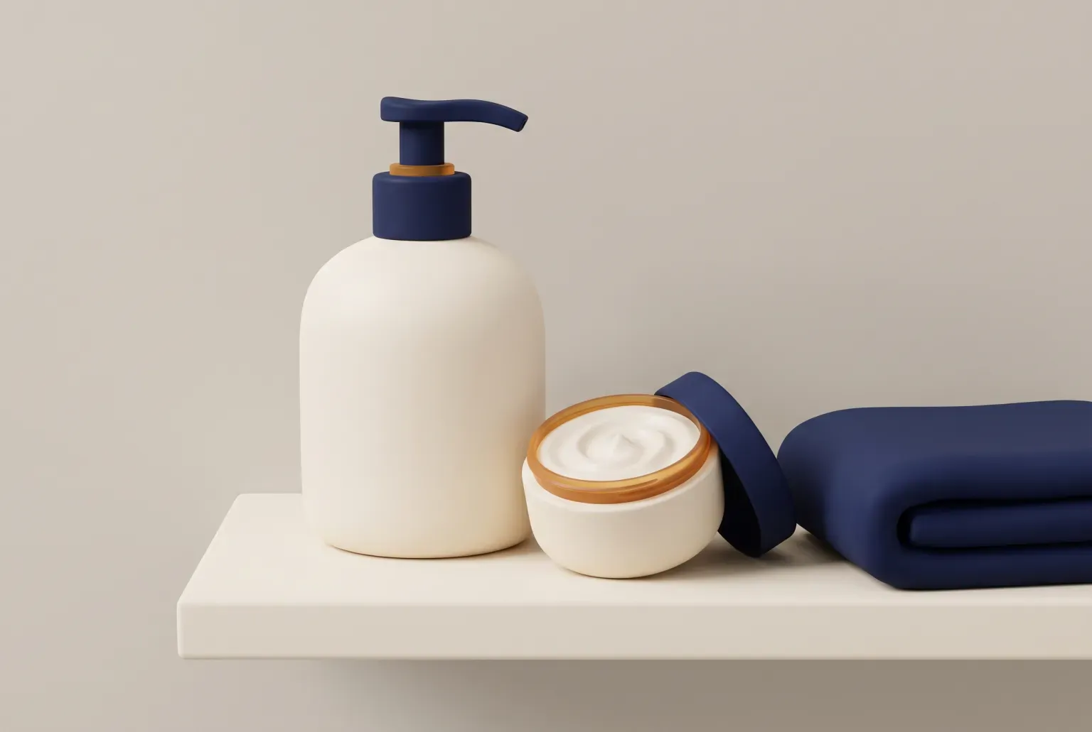 Illustration: a cream pump bottle of body lotion and an open jar of cream on a bathroom shelf beside a folded navy towel, drawn as a soft 3D render. Not a real product.