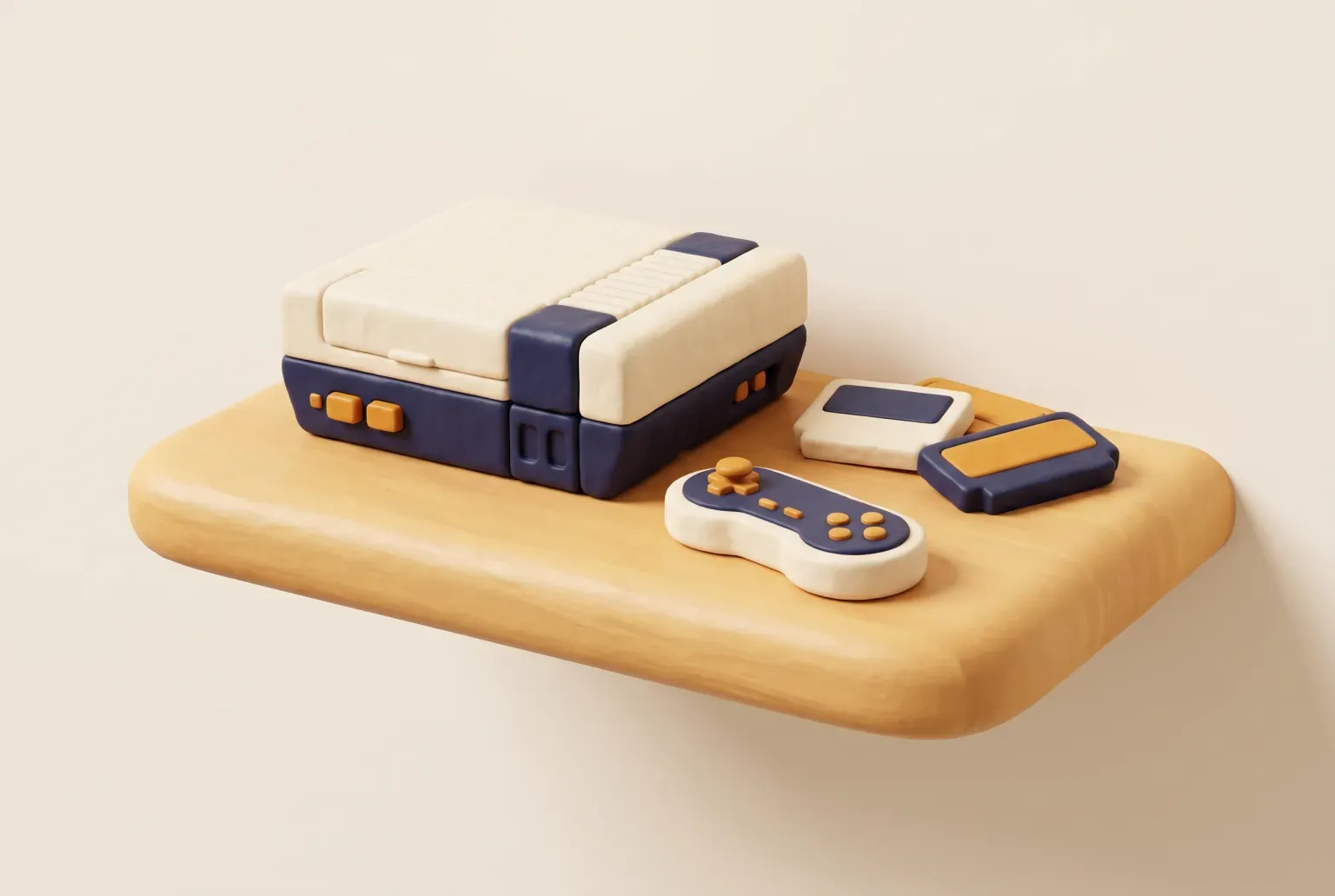 Illustration: a small cream and navy boxy console with one plain gamepad and two unmarked cartridges on a floating wooden shelf, drawn as a soft 3D render. Not a real product.