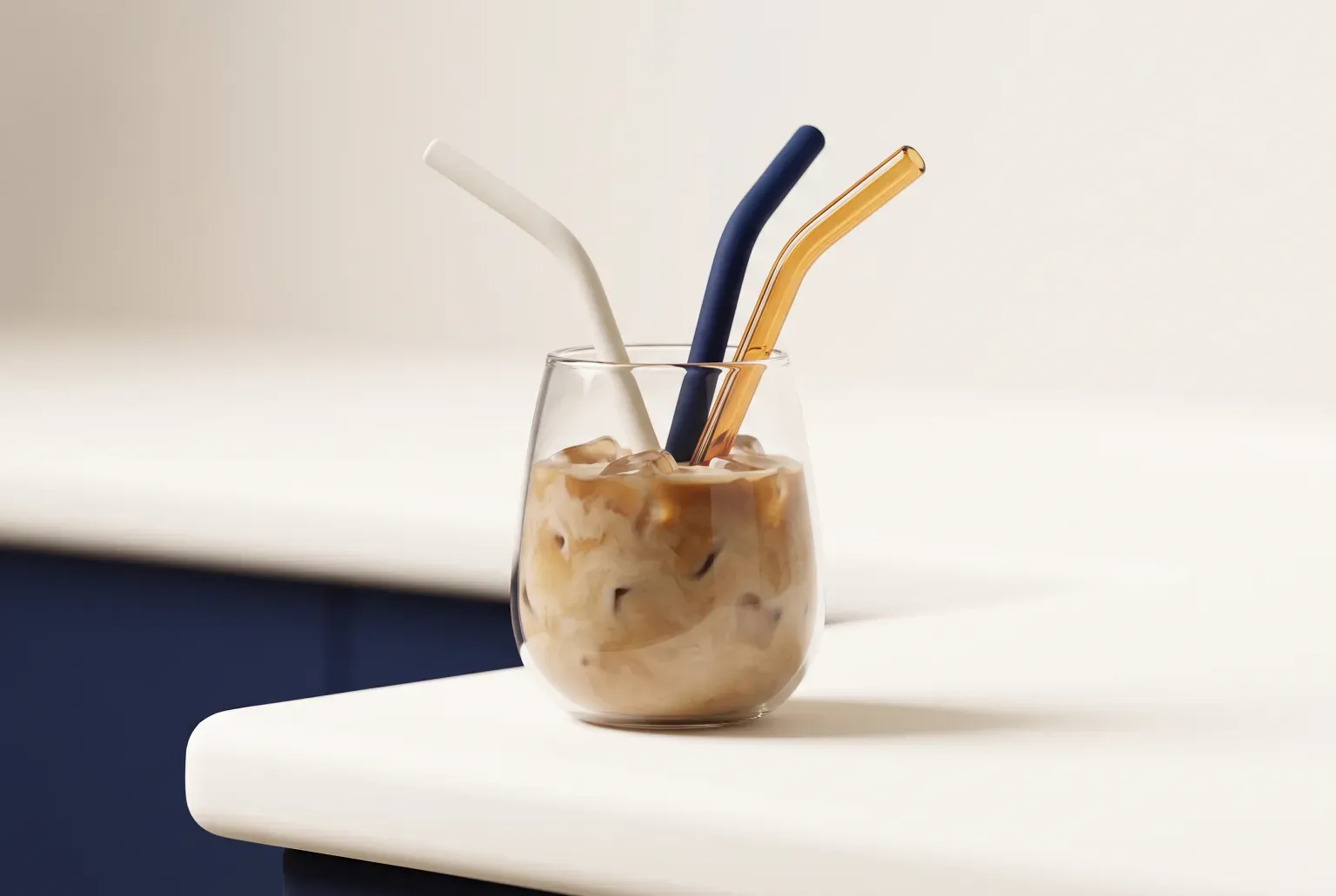 Illustration: a stemless glass of iced coffee on a cream kitchen counter holding a white silicone straw, a navy silicone straw and an amber glass straw, drawn as a soft 3D render. Not a real product.