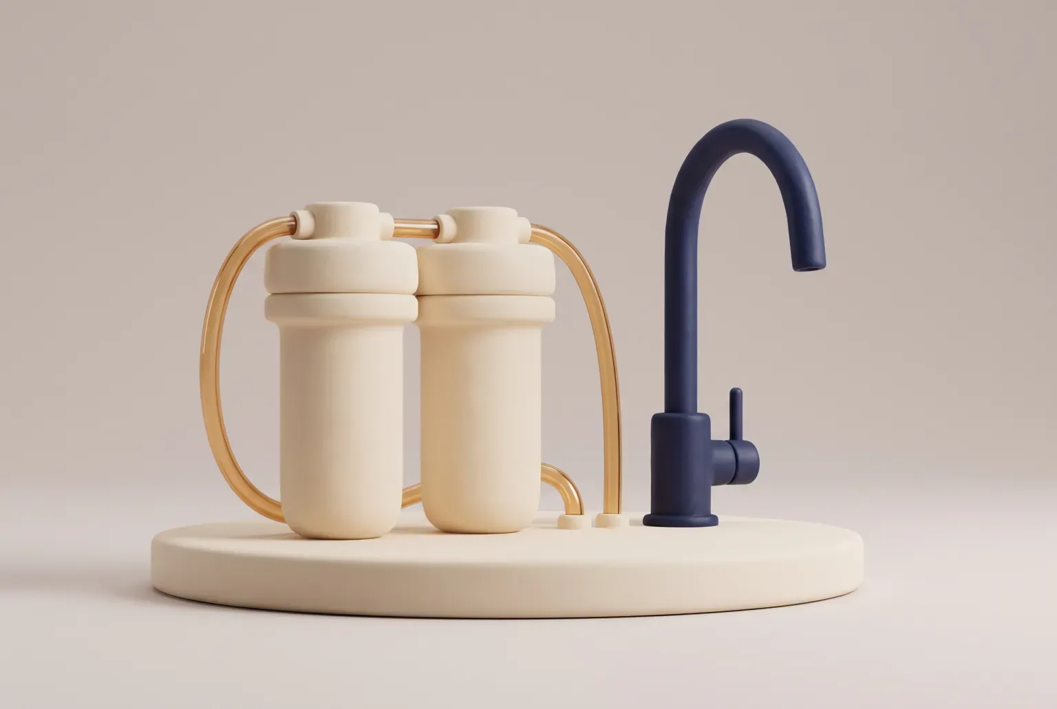 Illustration: two cream cylinder filter housings joined by amber tubing beside a navy curved faucet on a round cream base, drawn as a soft 3D render. Not a real product.