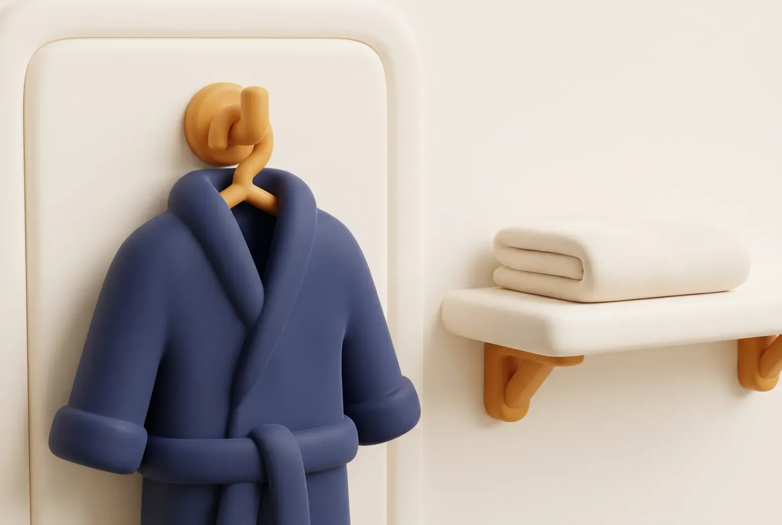 Illustration: a plain navy shawl-collar bathrobe hanging from a hook beside a folded cream towel on a bathroom shelf, drawn as a soft 3D render. Not a real product.