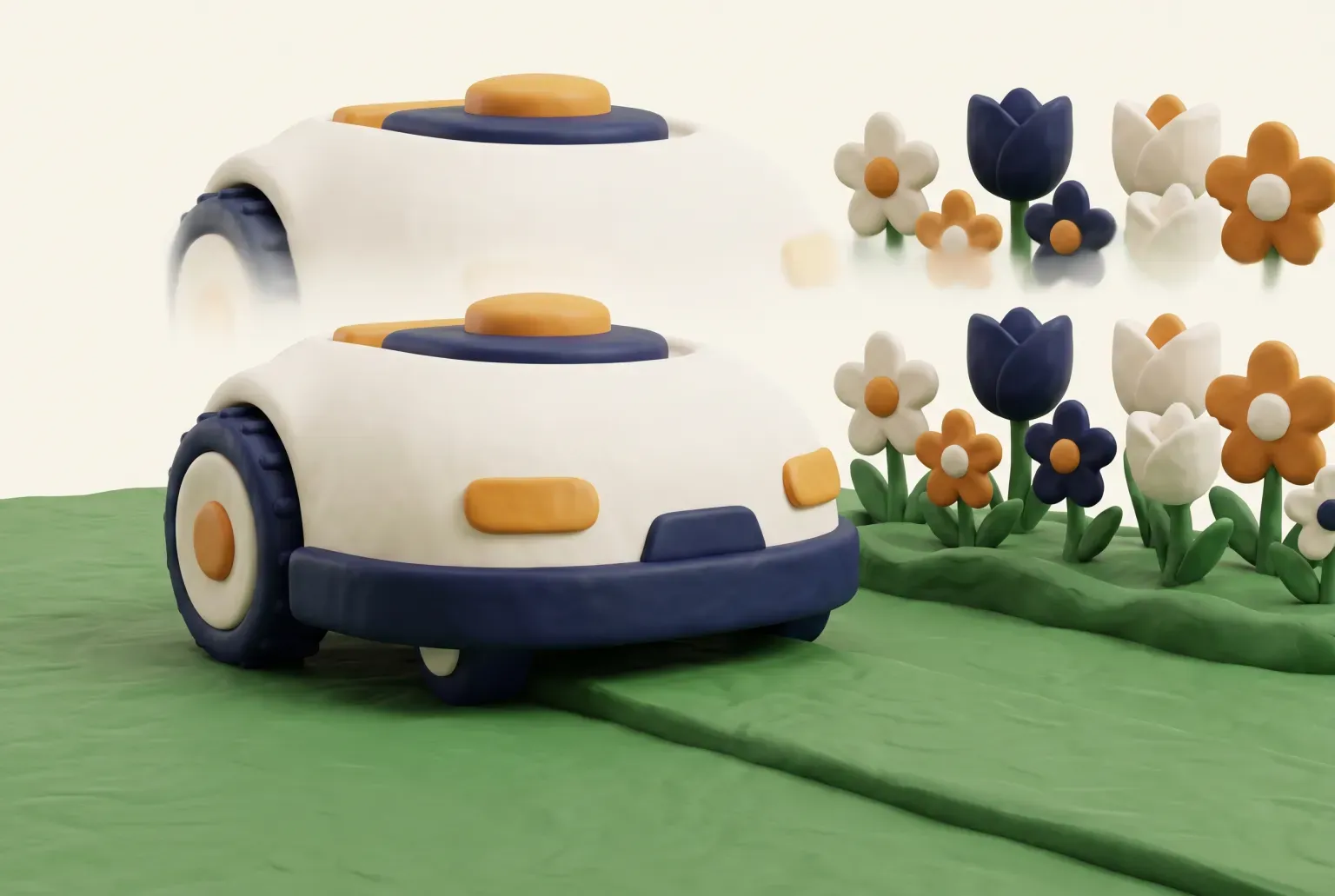 Illustration: a small round robotic lawn mower cutting a neat green lawn beside a flower bed, drawn as a soft 3D render. Not a real product.