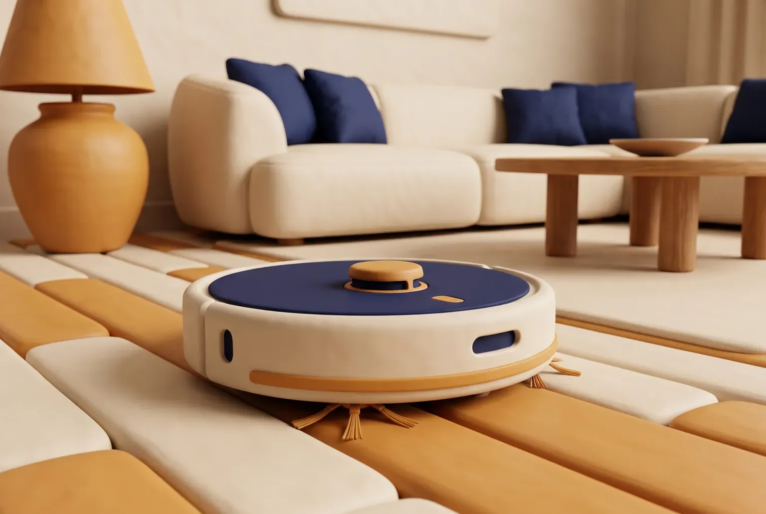 Illustration: a plain round robot vacuum on a wooden floor in a living room, drawn as a soft 3D render. Not a real product.