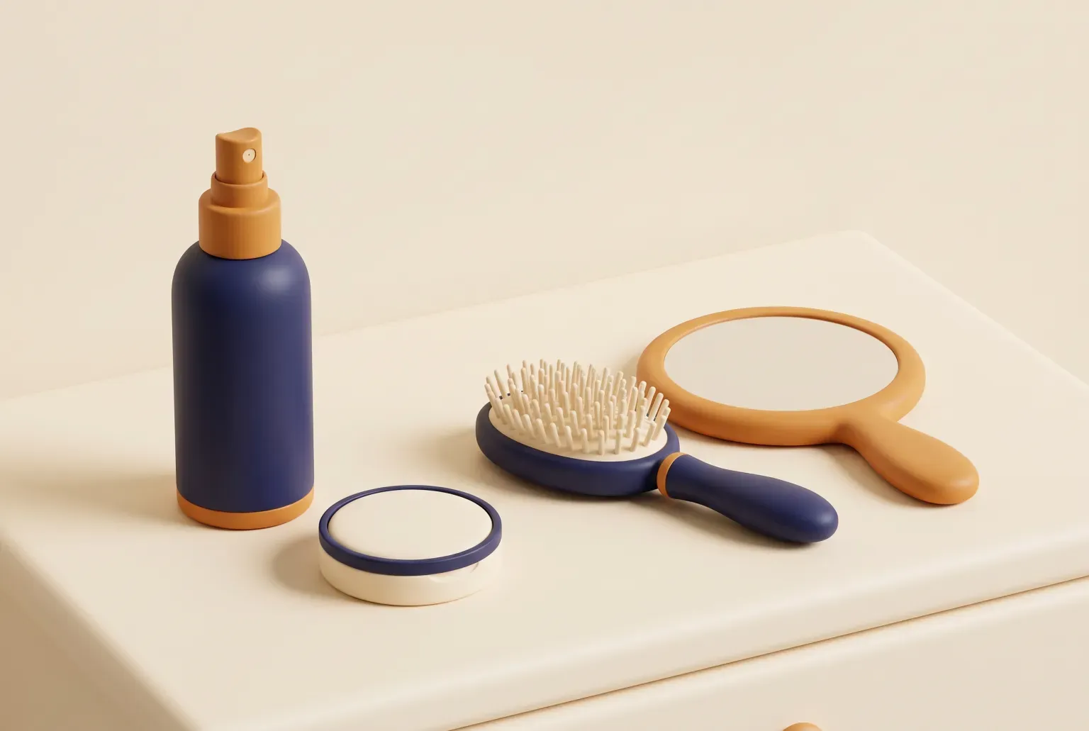 Illustration: a plain unlabeled navy spray bottle and a small round powder compact on a cream vanity beside a round brush and a hand mirror, drawn as a soft 3D render. Not a real product.