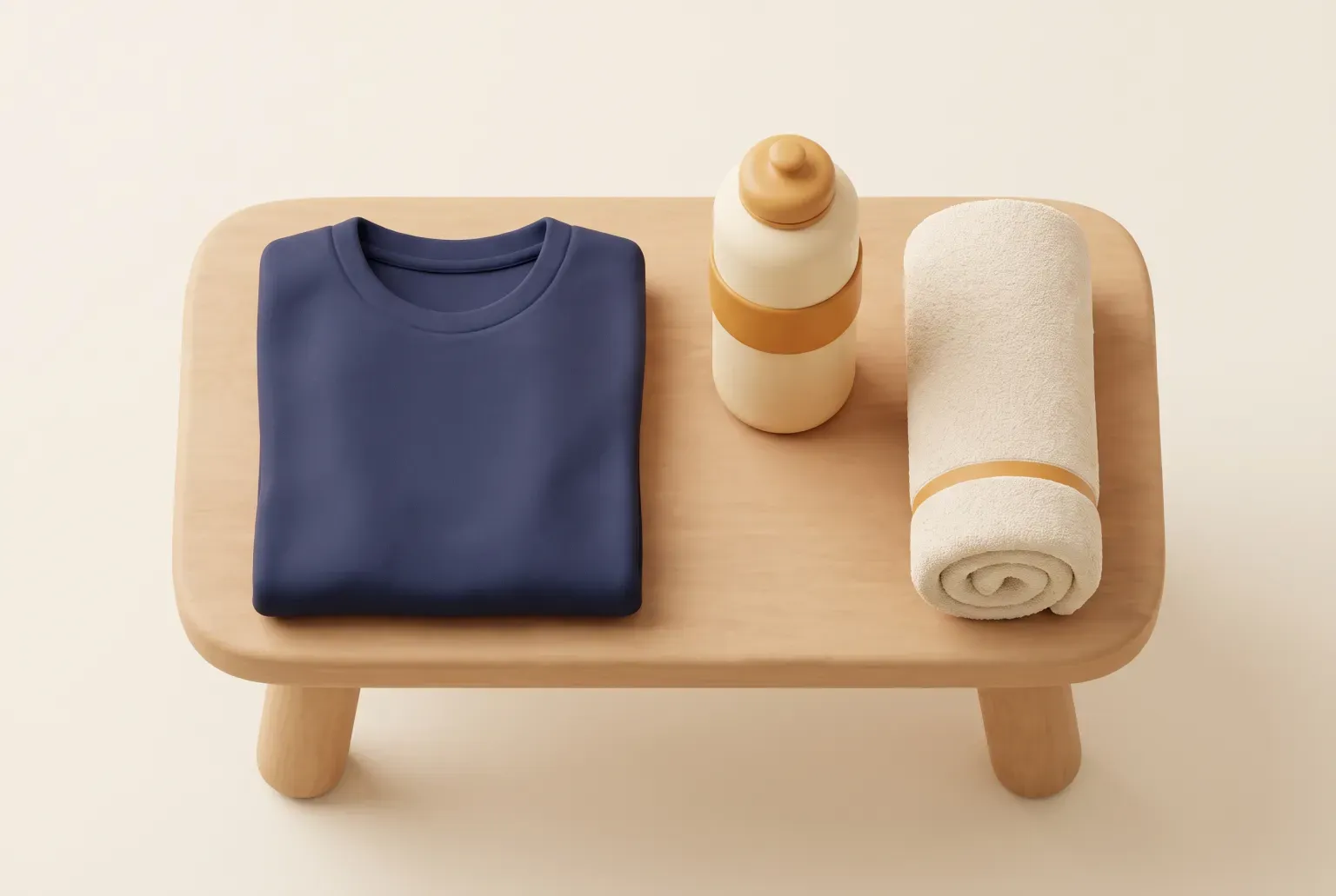 Illustration: a neatly folded plain navy athletic top on a wooden bench beside a water bottle and a rolled towel, drawn as a soft 3D render. Not a real product.