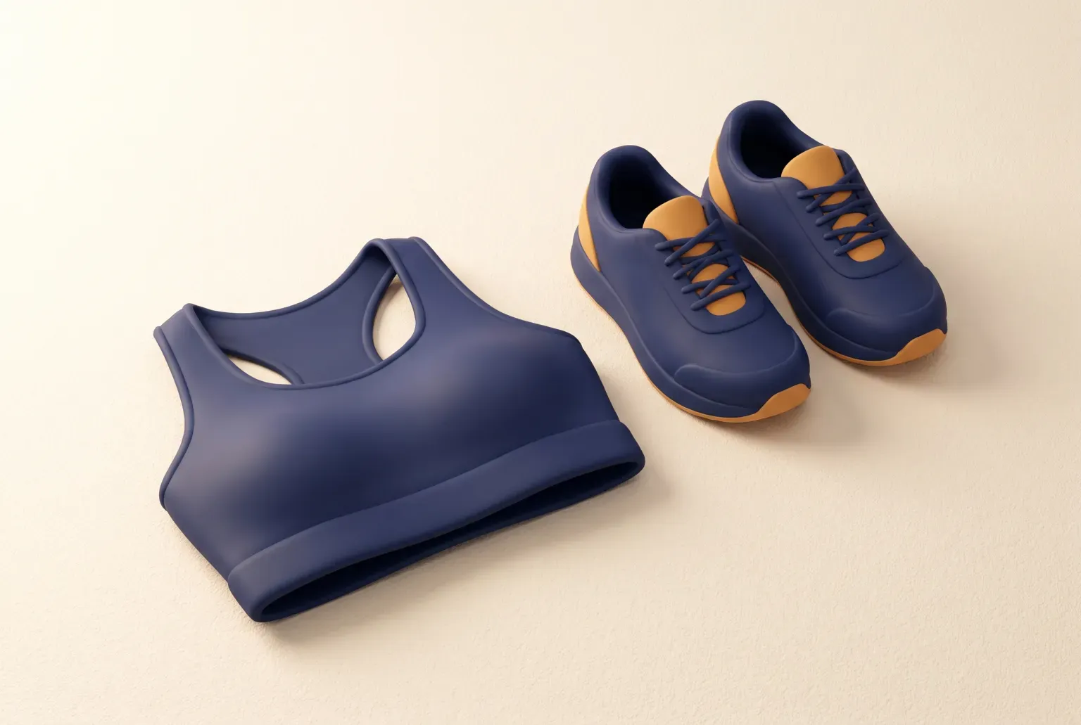 Illustration: a folded navy racerback sports bra and a pair of simple navy and amber running shoes on a soft cream floor, seen from a slight overhead angle, drawn as a soft 3D render. Not a real product.