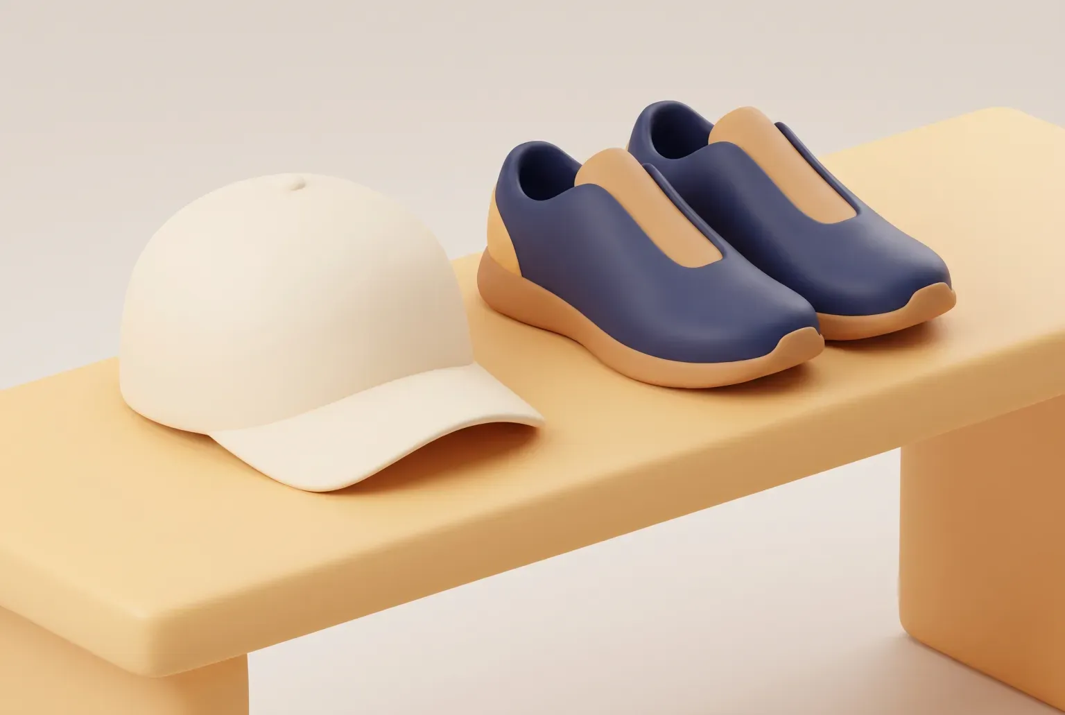 Illustration: a single lightweight white running cap with a curved brim resting on a wooden bench beside a pair of plain running shoes, drawn as a soft 3D render. Not a real product.