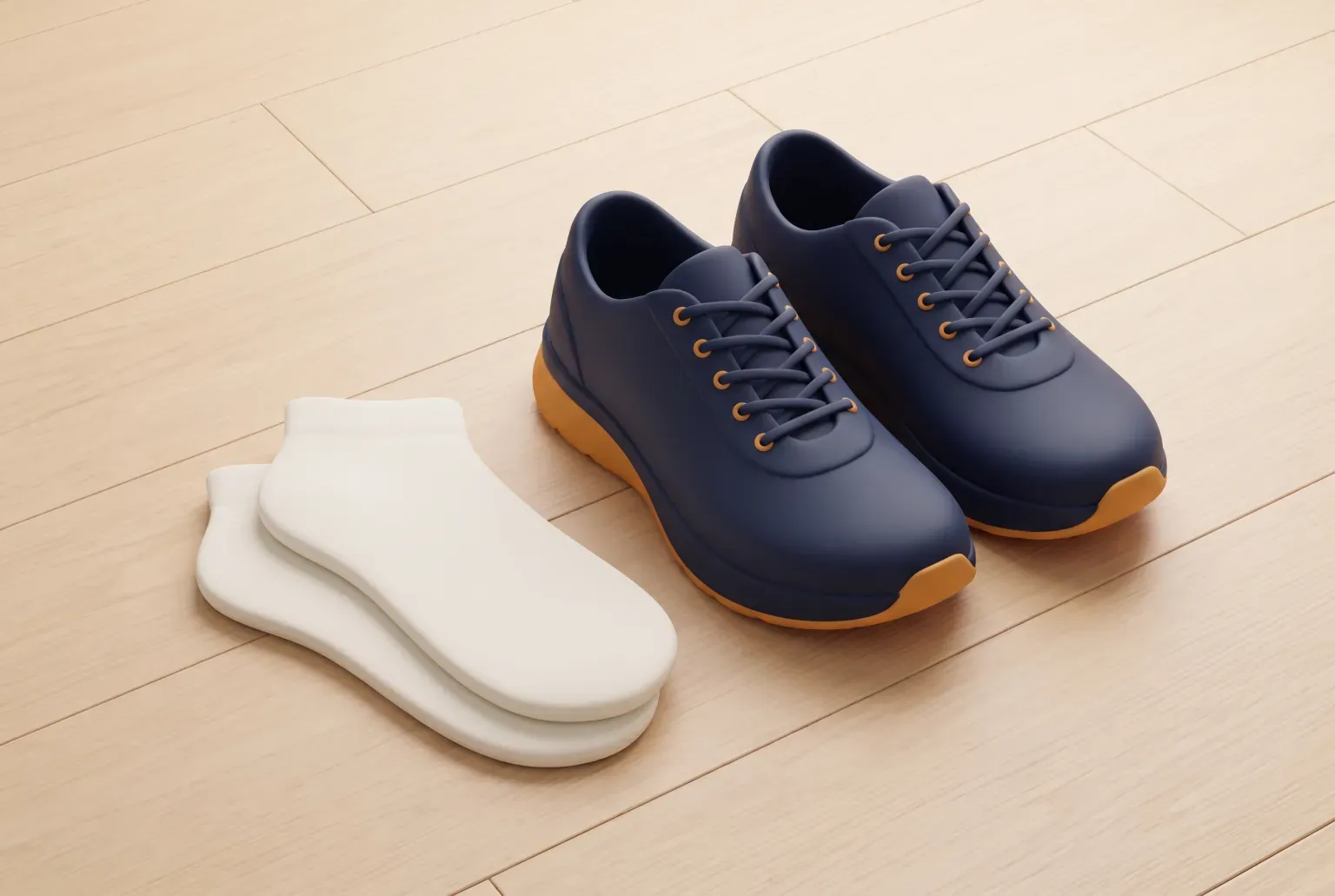 Illustration: a pair of plain white low-cut running socks beside a pair of plain running shoes on a wooden floor, drawn as a soft 3D render. Not a real product.