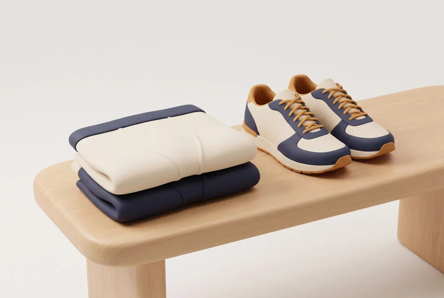 Illustration: two folded pairs of plain cream and navy athletic boxer briefs stacked on a pale wooden bench beside a pair of simple running shoes, drawn as a soft 3D render. Not a real product.