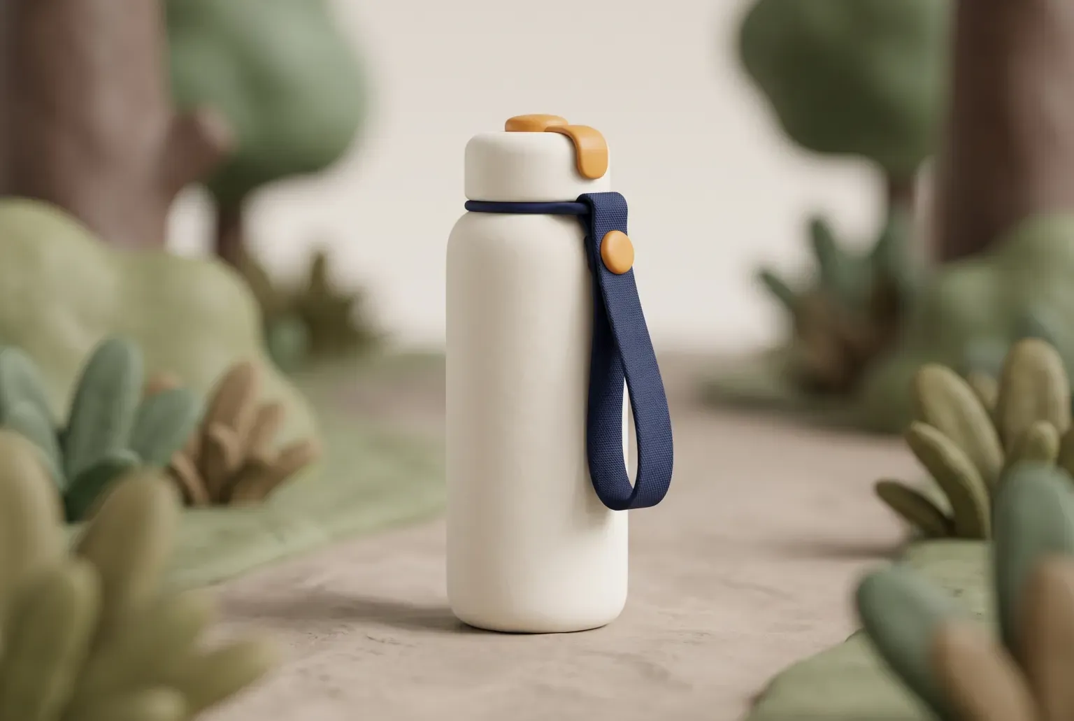 Illustration: a single cream bottle with an amber cap and a navy hand strap standing on a soft clay running path between rounded green trees, drawn as a soft 3D render. Not a real product.