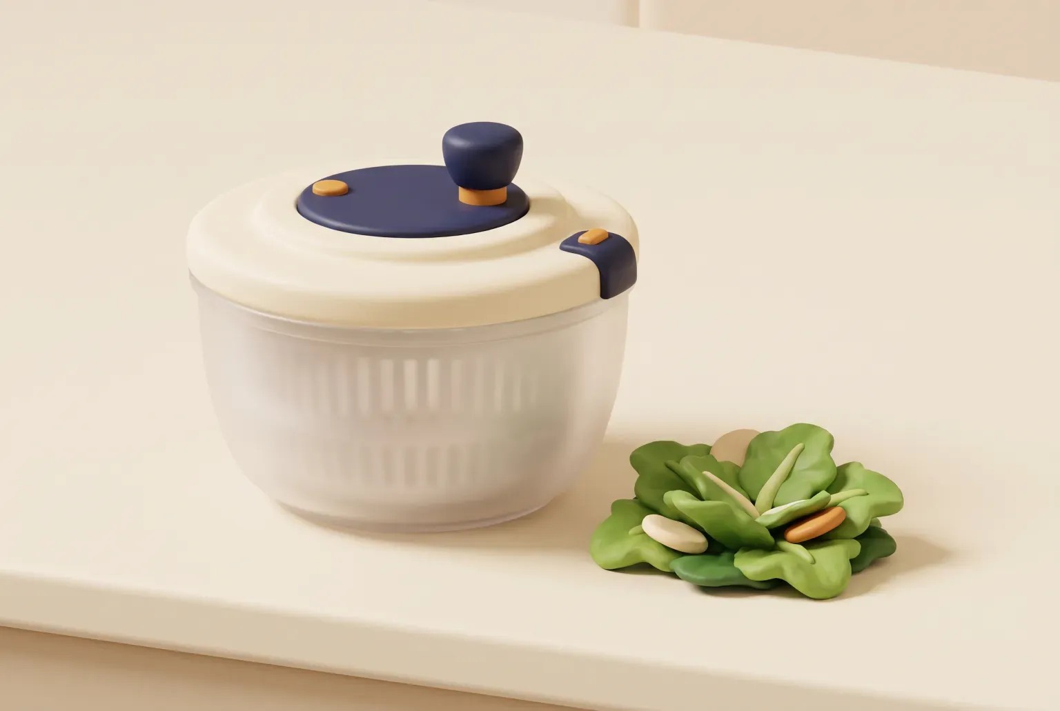Illustration: a clear round salad spinner bowl with a white lid and a pump handle, beside a small heap of fresh green lettuce on a plain kitchen counter, drawn as a soft 3D render. Not a real product.