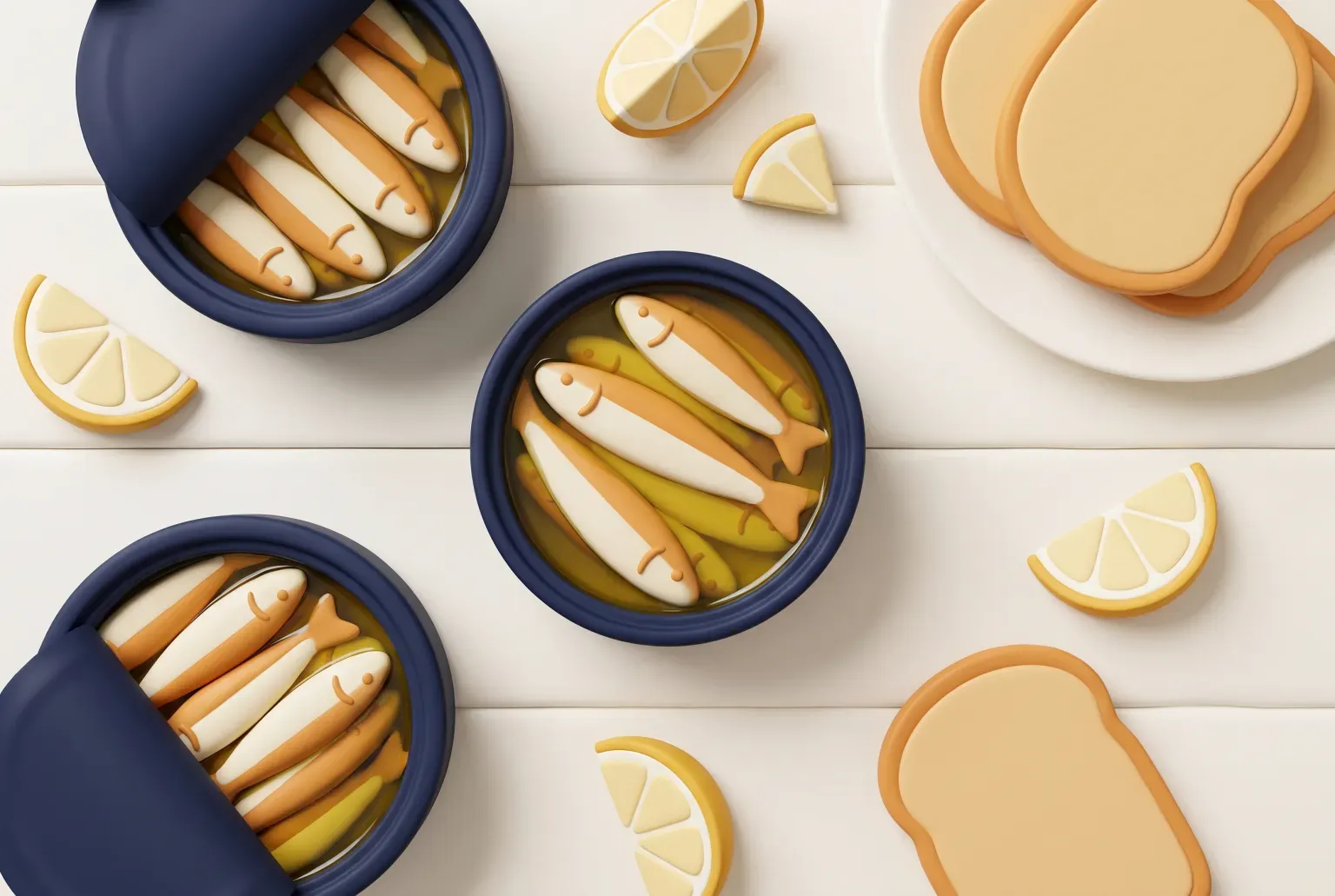 Illustration: three open round navy tins of sardines in olive oil with lemon wedges and slices of toast on a white wooden table, drawn as a soft 3D render. Not a real product.