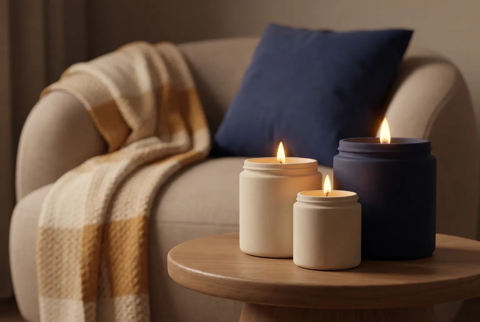 Illustration: three plain lit jar candles on a round wooden side table beside a sofa with a blanket and a navy cushion, drawn as a soft 3D render. Not a real product.
