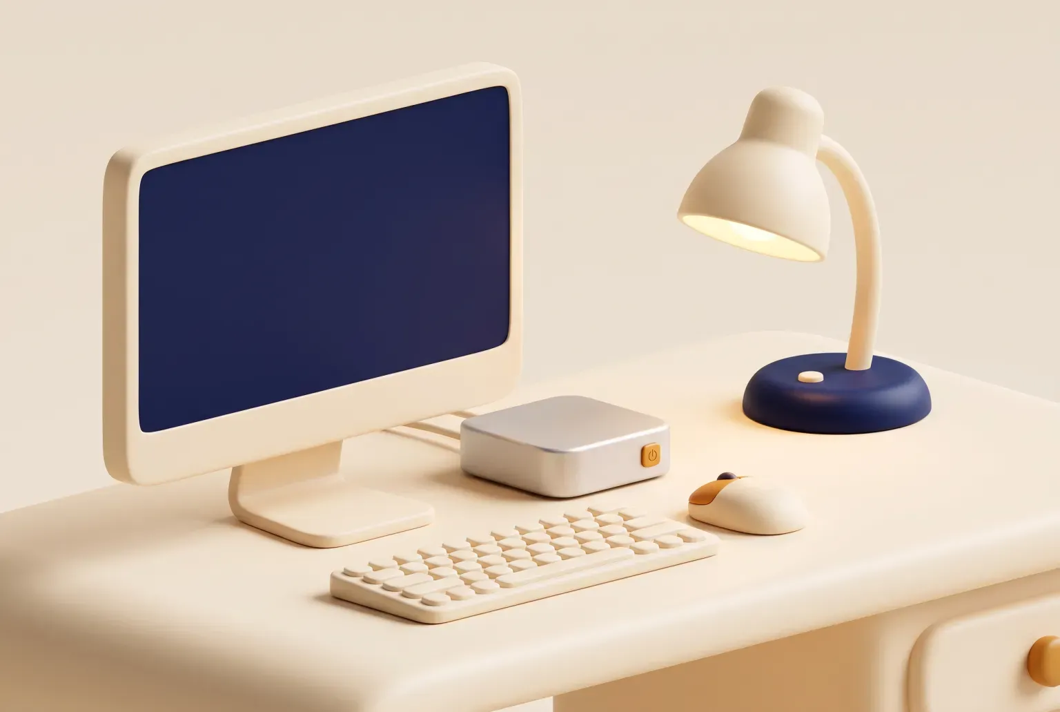 Illustration: a flat desktop monitor with a navy screen on a cream desk beside a small silver square computer, a plain keyboard, a mouse and a desk lamp, drawn as a soft 3D render. Not a real product.