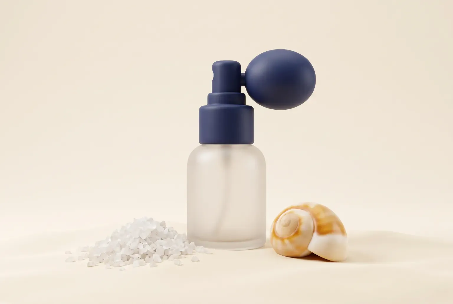 Illustration: a small frosted glass spray bottle with a plain pump nozzle on pale sand beside a pile of coarse sea salt and a seashell, drawn as a soft 3D render. Not a real product.