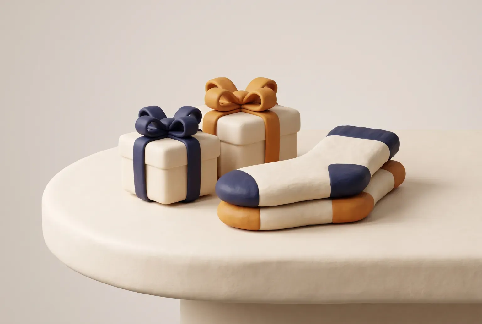 Illustration: two small cream gift boxes with navy and amber ribbons beside a folded pair of cream socks on a cream table, drawn as a soft 3D render. Not a real product.