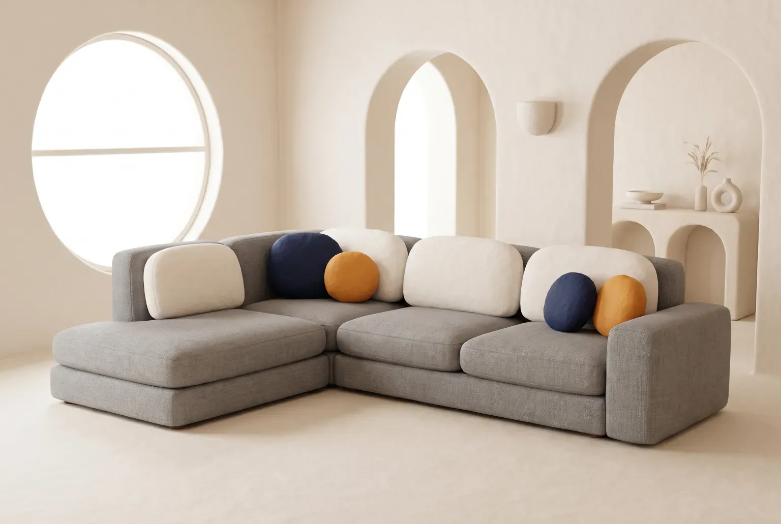 Illustration: a grey L-shaped sectional sofa with white, navy and orange cushions in a bright room with arched doorways, drawn as a soft 3D render. Not a real product.