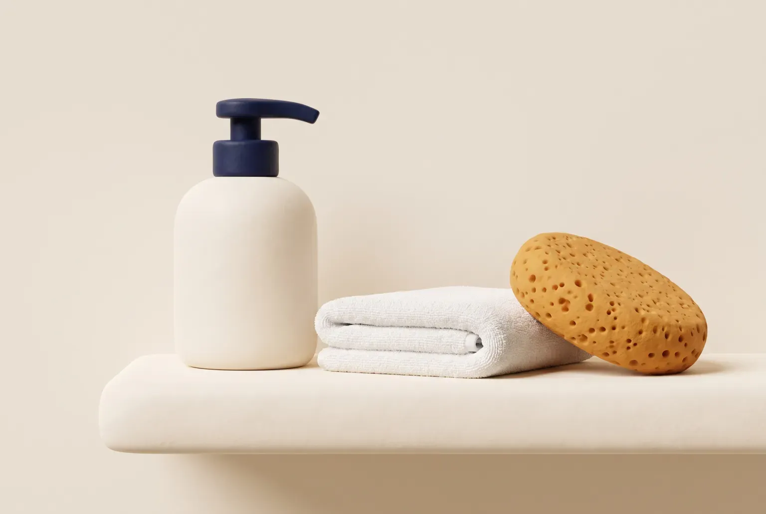 Illustration: a plain pump bottle of body wash beside a folded white towel and a soft sponge on a bathroom shelf, drawn as a soft 3D render. Not a real product.