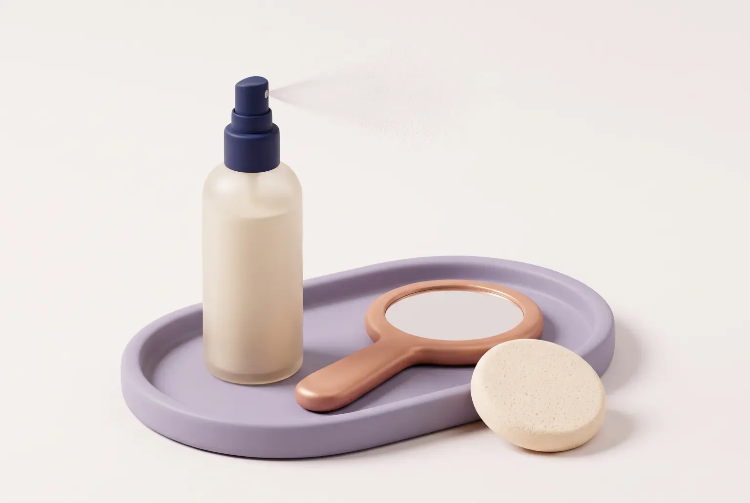Illustration: a plain frosted glass spray bottle with a navy cap releasing a fine mist, on a lilac tray beside a rose-gold hand mirror and a round makeup sponge, drawn as a soft 3D render. Not a real product.