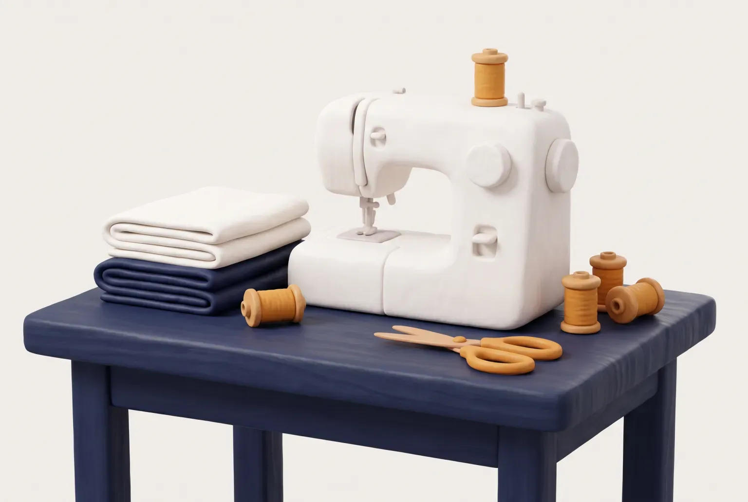 Illustration: a plain white sewing machine on a navy table with folded fabric, wooden thread spools and scissors, drawn as a soft 3D render. Not a real product.