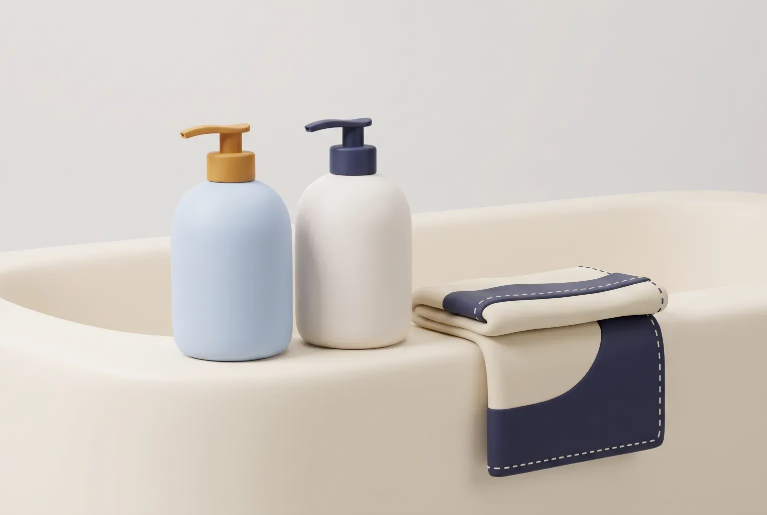 Illustration: two plain pump bottles, one pale blue and one white, on the edge of a bathtub next to a folded towel, drawn as a soft 3D render. Not a real product.
