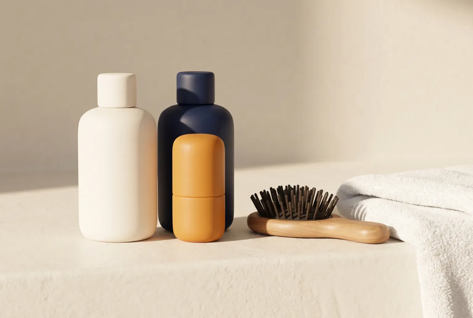 Illustration: a tall cream bottle, a navy bottle and a short amber container with blank surfaces beside a wooden hairbrush and a folded white towel on a sunlit bathroom counter, drawn as a soft 3D render. Not a real product.