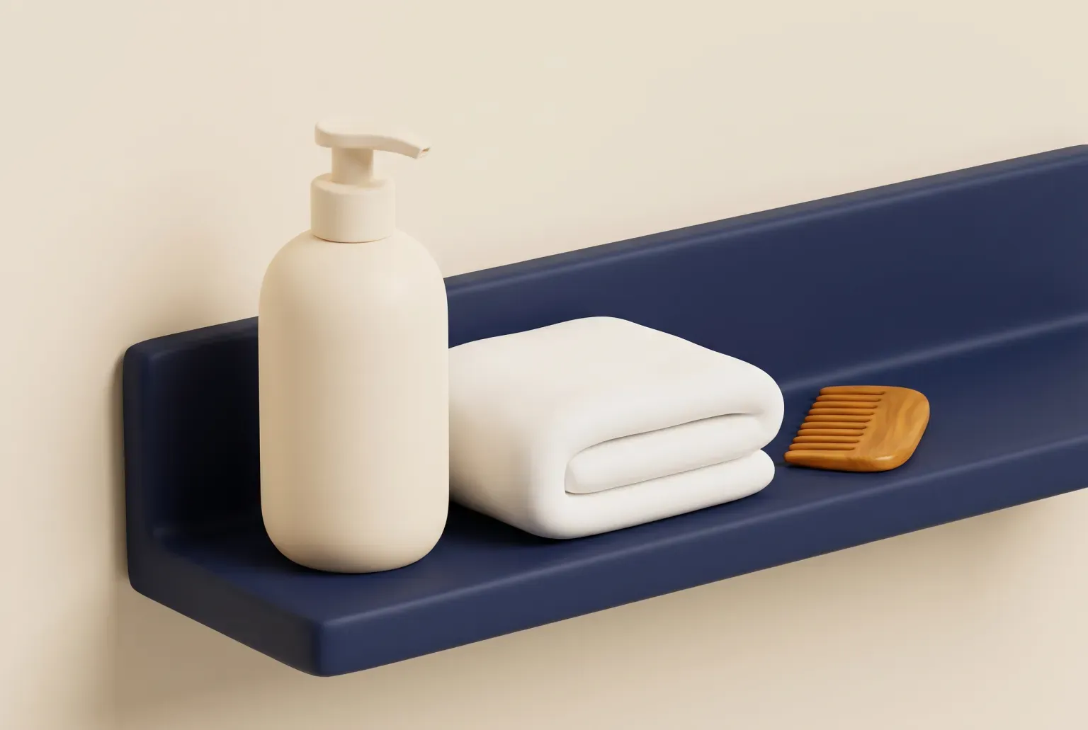Illustration: a plain cream pump bottle of shampoo on a navy bathroom shelf beside a folded white towel and a small wooden comb, drawn as a soft 3D render. Not a real product.