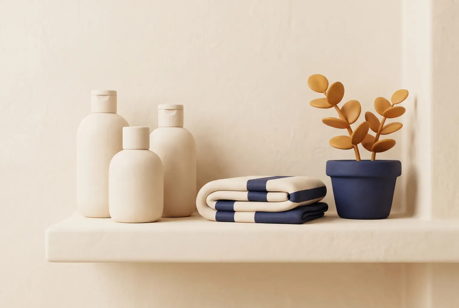 Illustration: three plain unlabeled cream bottles on a shelf beside a folded striped towel and a small potted plant, drawn as a soft 3D render. Not a real product.