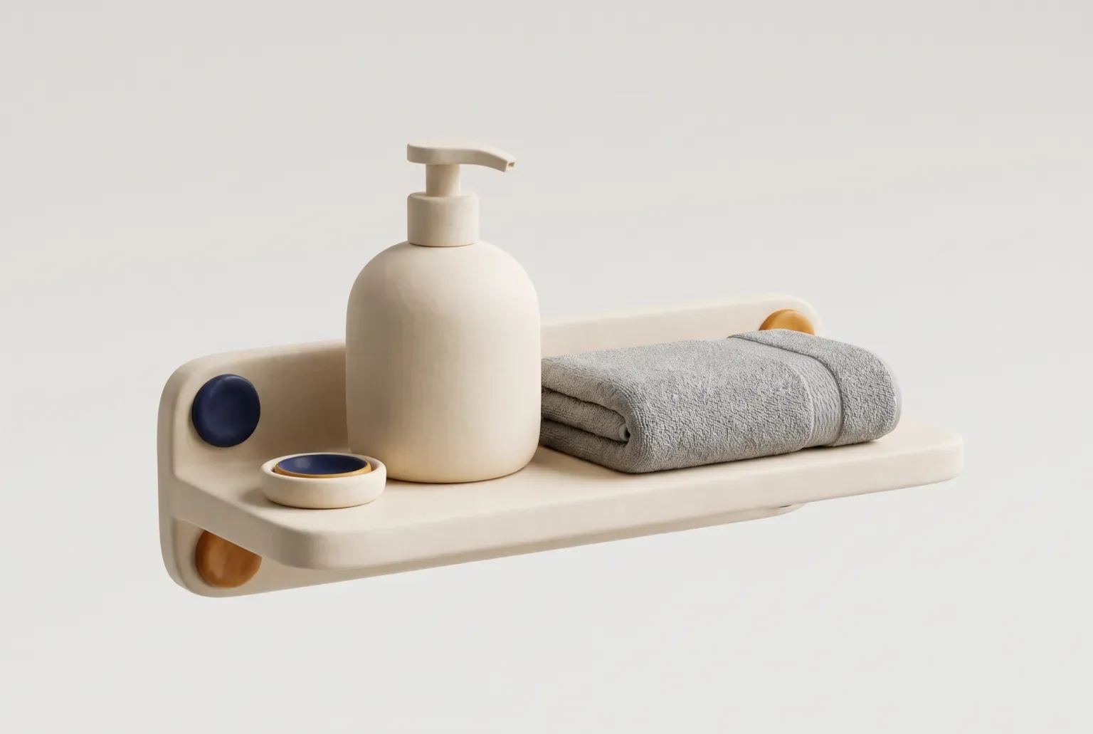 Illustration: a plain pump bottle and a folded gray towel on a bathroom shelf, drawn as a soft 3D render. Not a real product.