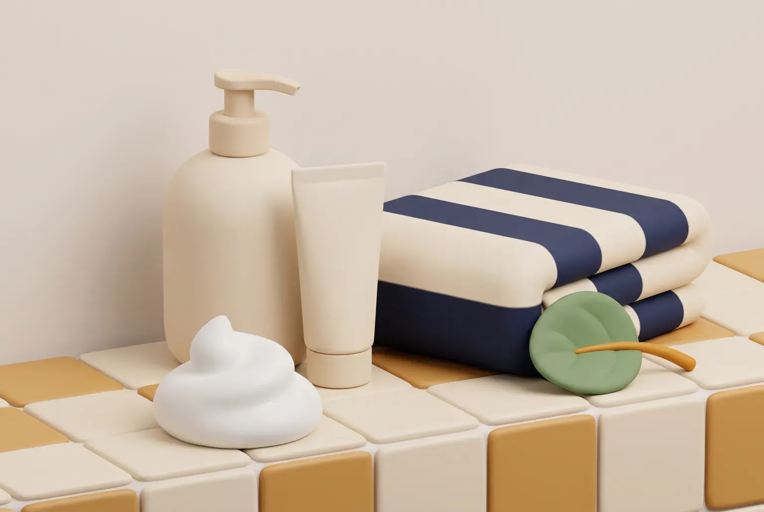 Illustration: a cream pump bottle, a short tube and a swirl of white foam on a cream and amber tiled shelf beside a striped navy towel and a green leaf, drawn as a soft 3D render. Not a real product.