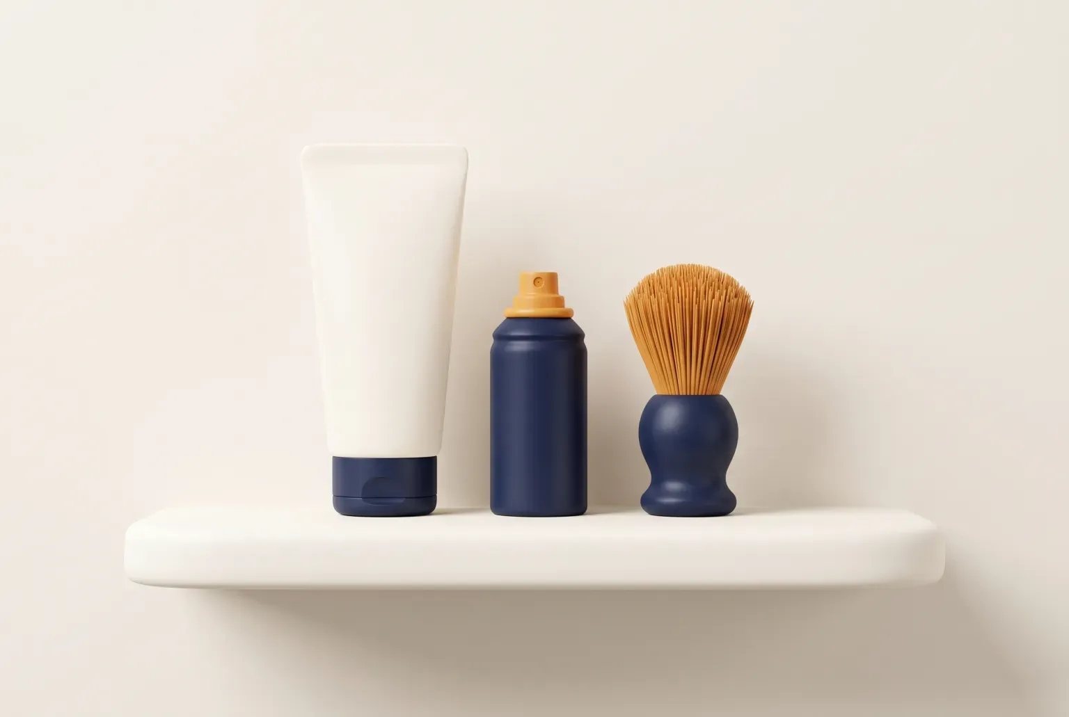 Illustration: a plain white tube, a navy spray can and a shaving brush on a cream bathroom shelf, drawn as a soft 3D render. Not a real product.