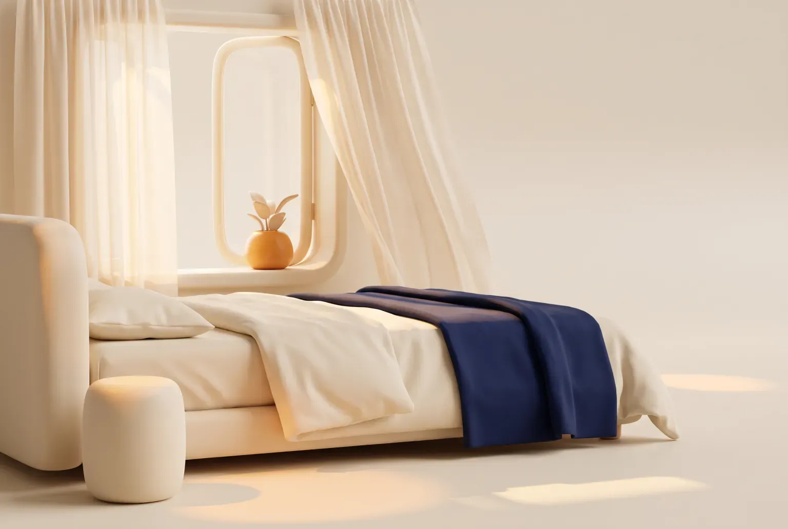 Illustration: a bed made with plain white sheets and a light throw beside a sunny open window, drawn as a soft 3D render. Not a real product.