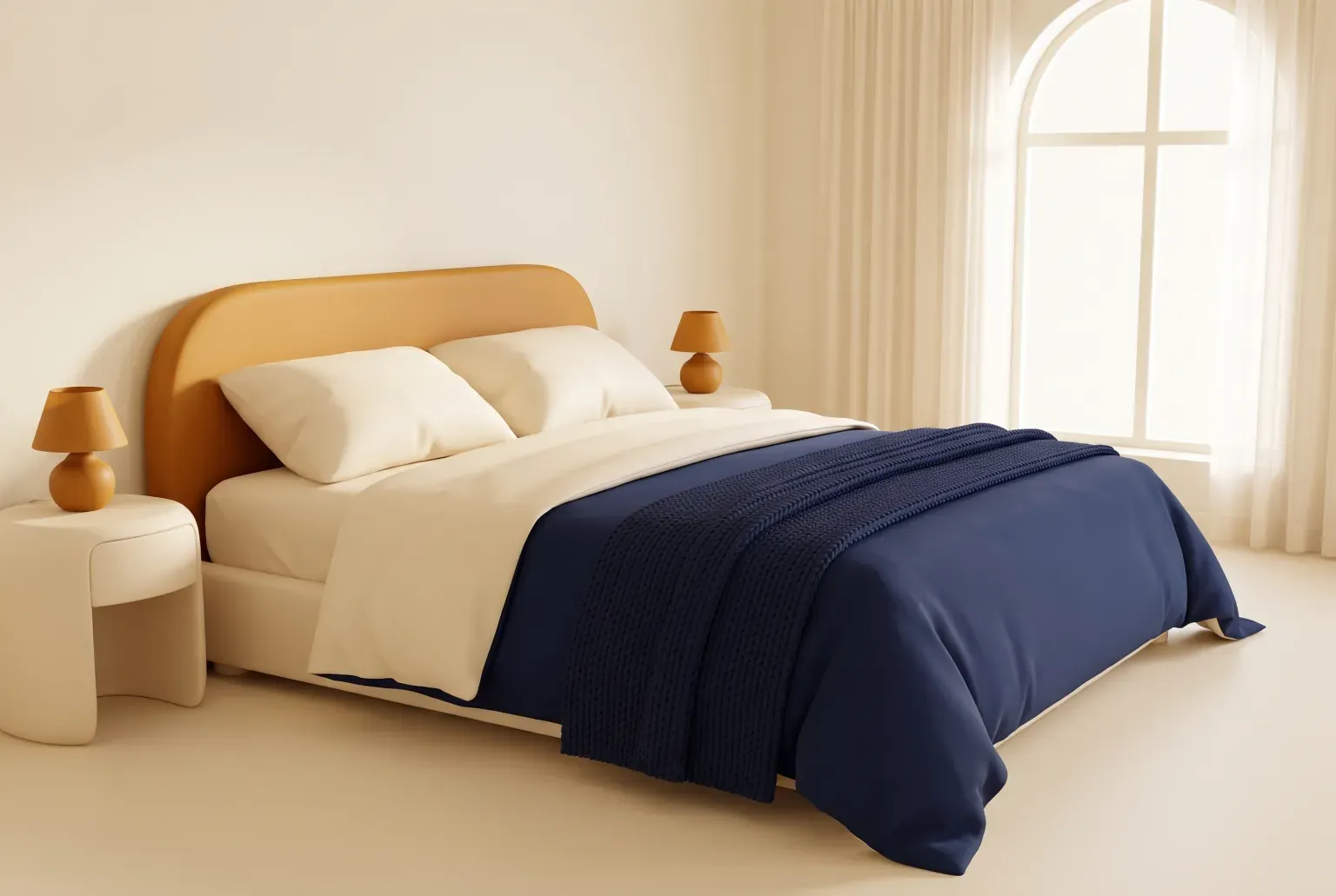 Illustration: a neatly made bed with plain cream sheets, two pillows and a folded blanket, drawn as a soft 3D render. Not a real product.