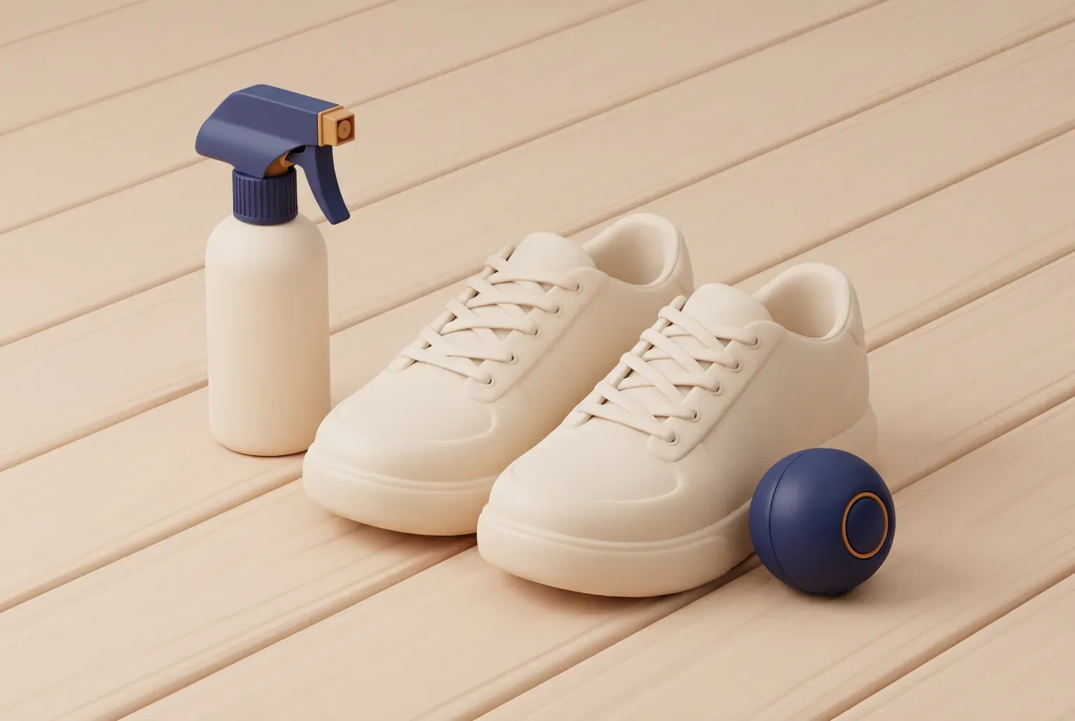 Illustration: a pair of cream sneakers on a pale wooden floor between a plain spray bottle and a small navy deodorizer ball, drawn as a soft 3D render. Not a real product.