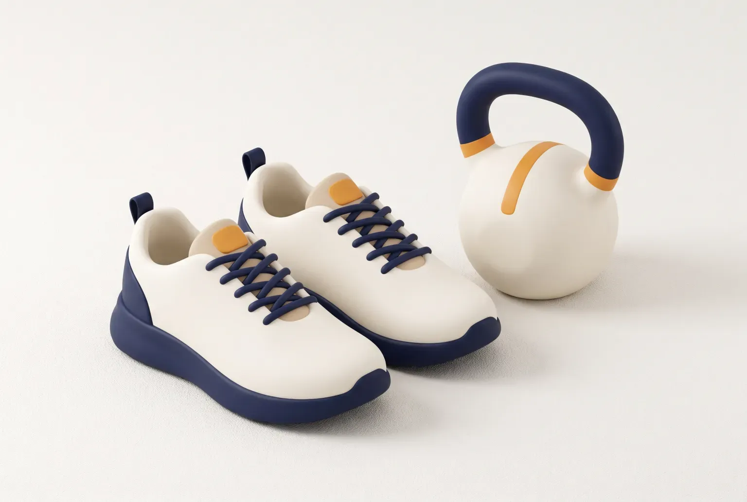 Illustration: a pair of plain cream and navy training shoes beside a kettlebell on a pale floor, drawn as a soft 3D render. Not a real product.