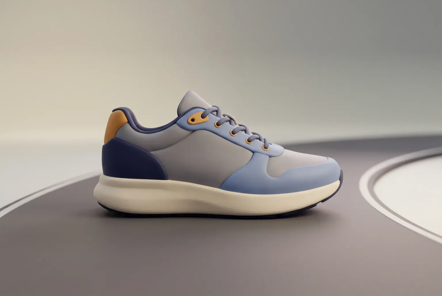 Illustration: a cushioned grey and soft blue road running shoe with a cream sole on a smooth curved road, drawn as a soft 3D render. Not a real product.