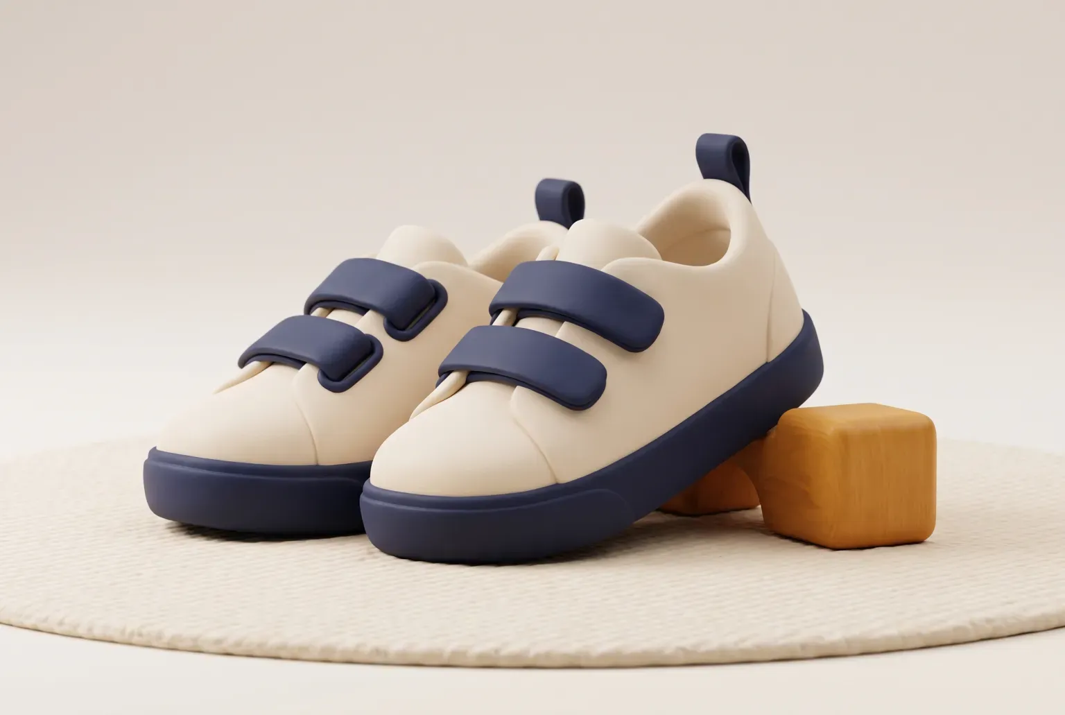 Illustration: a pair of small cream sneakers with navy straps and soles standing on a round woven rug beside a wooden block, drawn as a soft 3D render. Not a real product.