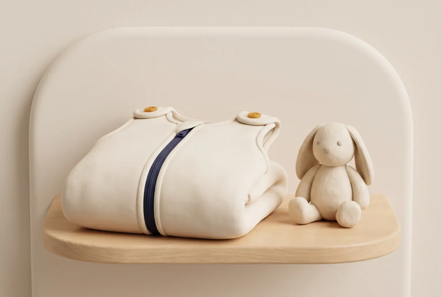 Illustration: a folded cream baby sleep sack with a navy zipper on a wooden nursery shelf beside a soft cream bunny toy, drawn as a soft 3D render. Not a real product.