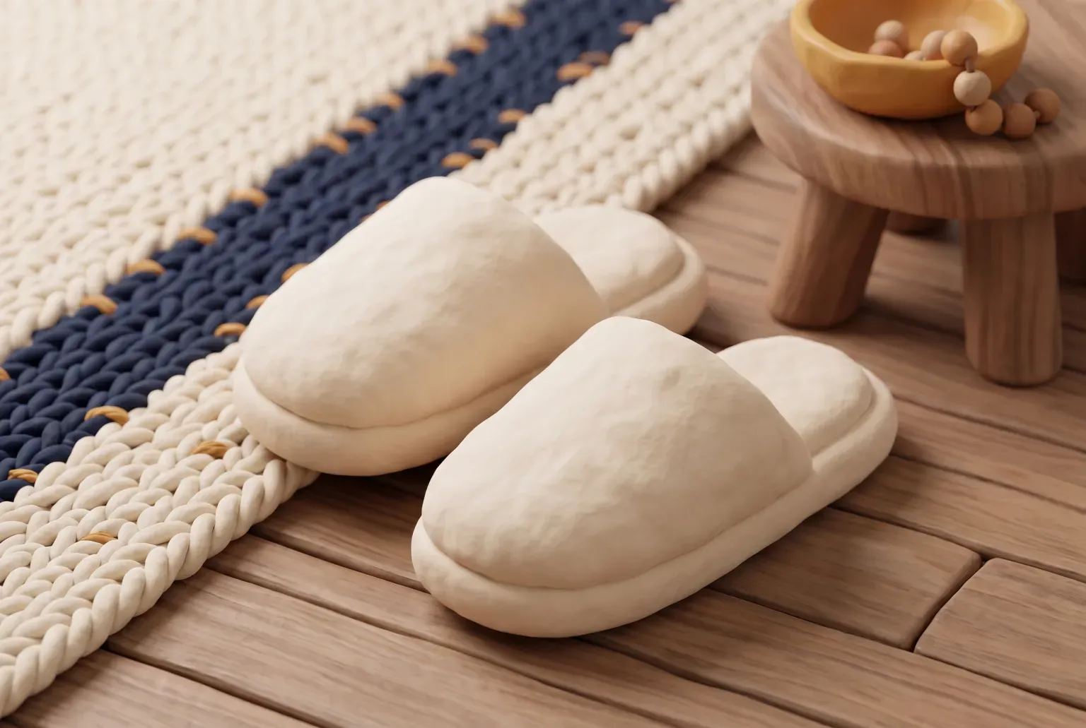Illustration: a pair of plain fluffy cream house slippers on a wooden floor beside a woven rug, drawn as a soft 3D render. Not a real product.