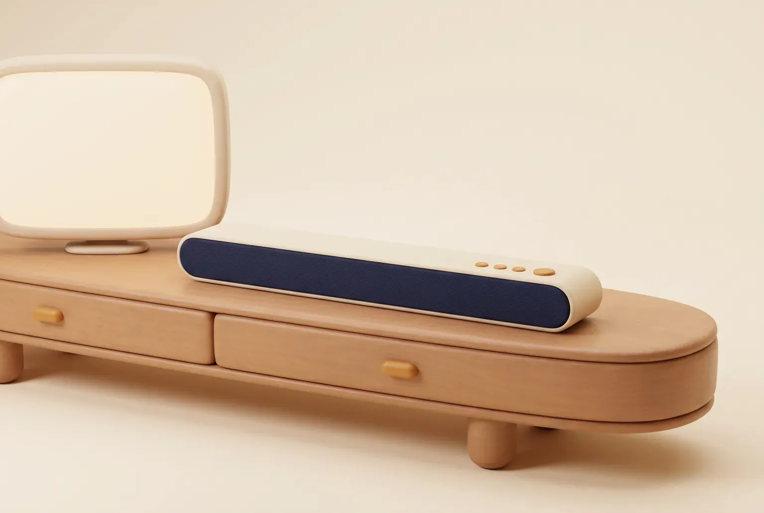 Illustration: a slim cream and navy soundbar on a low wooden console in front of a small television, drawn as a soft 3D render. Not a real product.