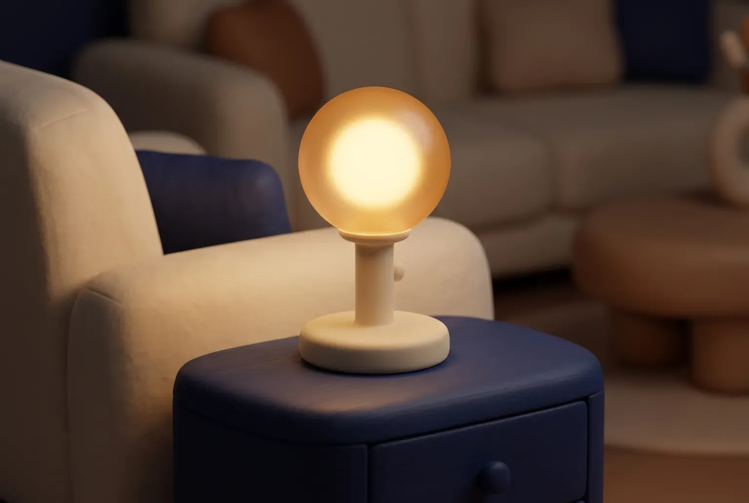 Illustration: a round warm glowing light bulb in a simple table lamp on a navy nightstand in a cozy living room, drawn as a soft 3D render. Not a real product.