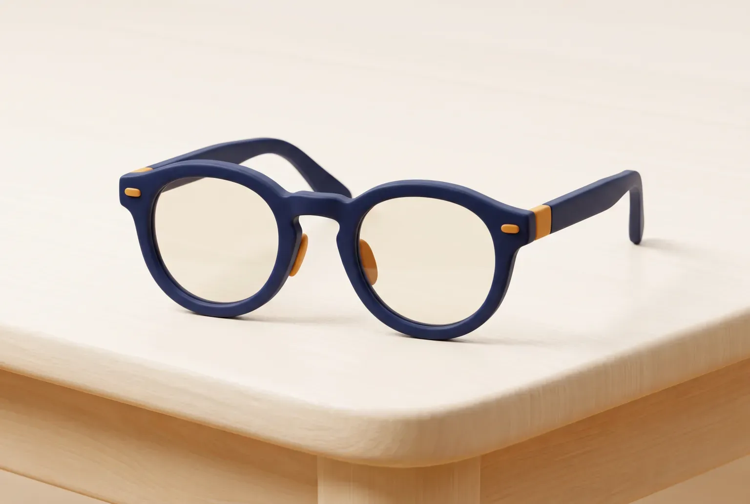 Illustration: a pair of plain dark-framed eyeglasses resting on a wooden table, drawn as a soft 3D render. Not a real product.