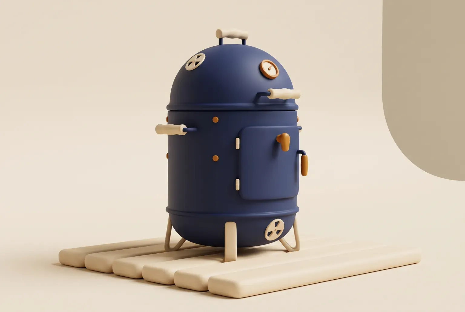 Illustration: a navy vertical bullet-style smoker with a domed lid, a side door and a round dial on pale wooden decking, drawn as a soft 3D render. Not a real product.