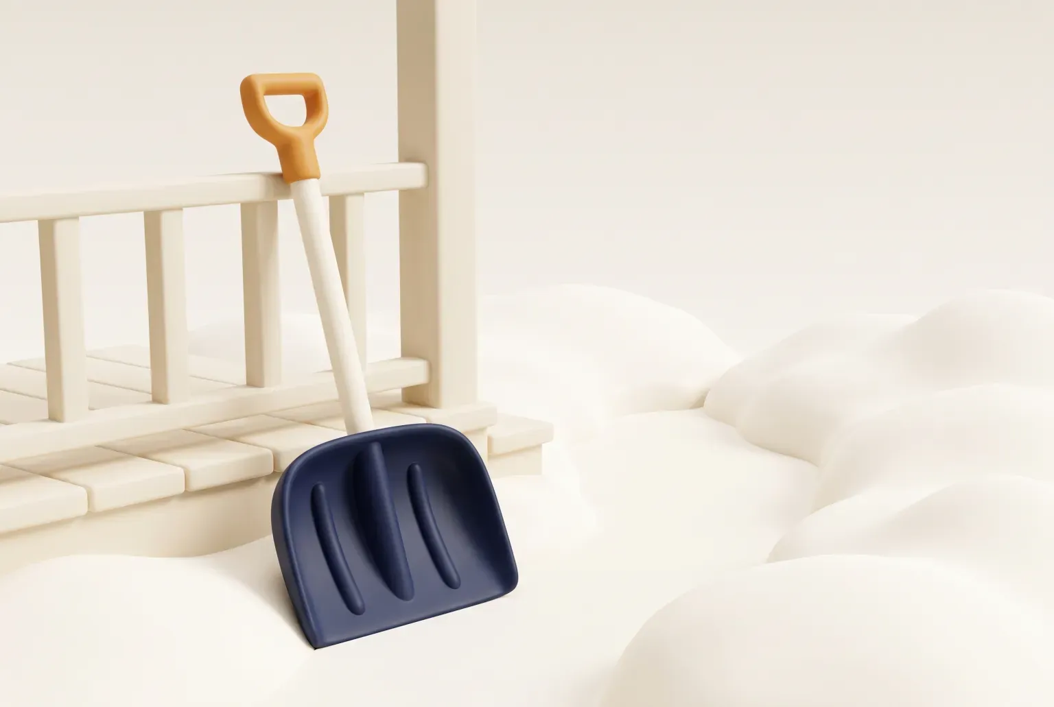 Illustration: a plain snow shovel with a blue blade leaning on a porch railing beside cleared snow, drawn as a soft 3D render. Not a real product.