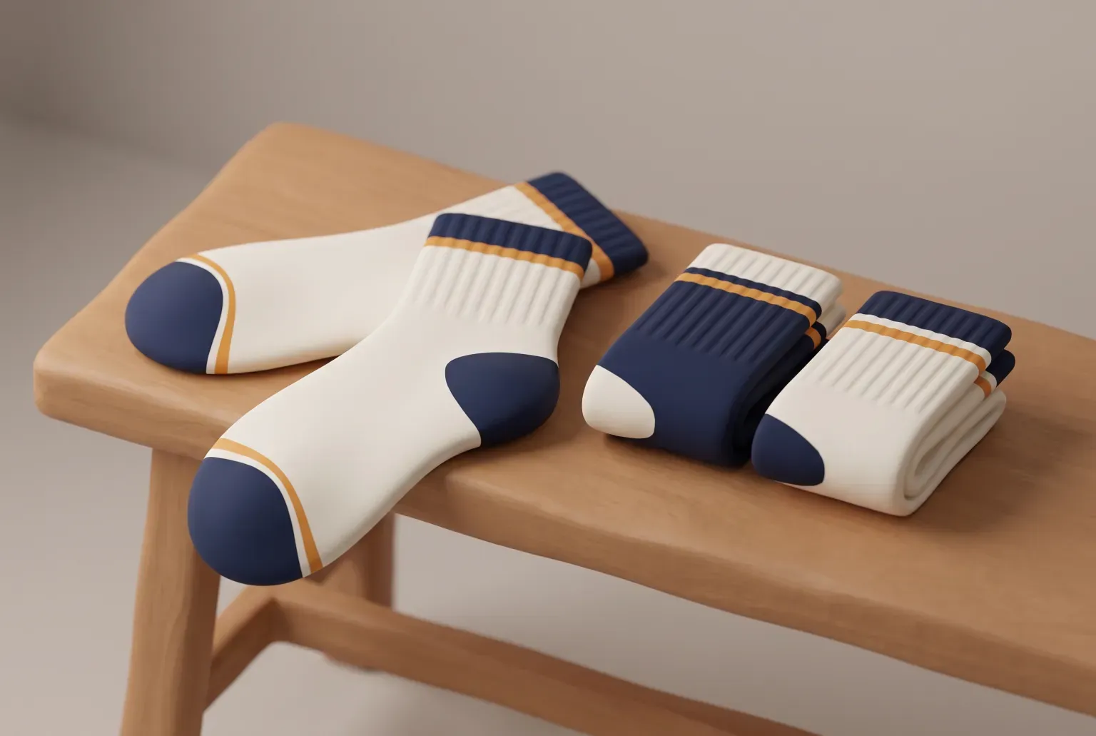 Illustration: a pair of cream and navy crew socks lying on a wooden bench beside two folded pairs, drawn as a soft 3D render. Not a real product.