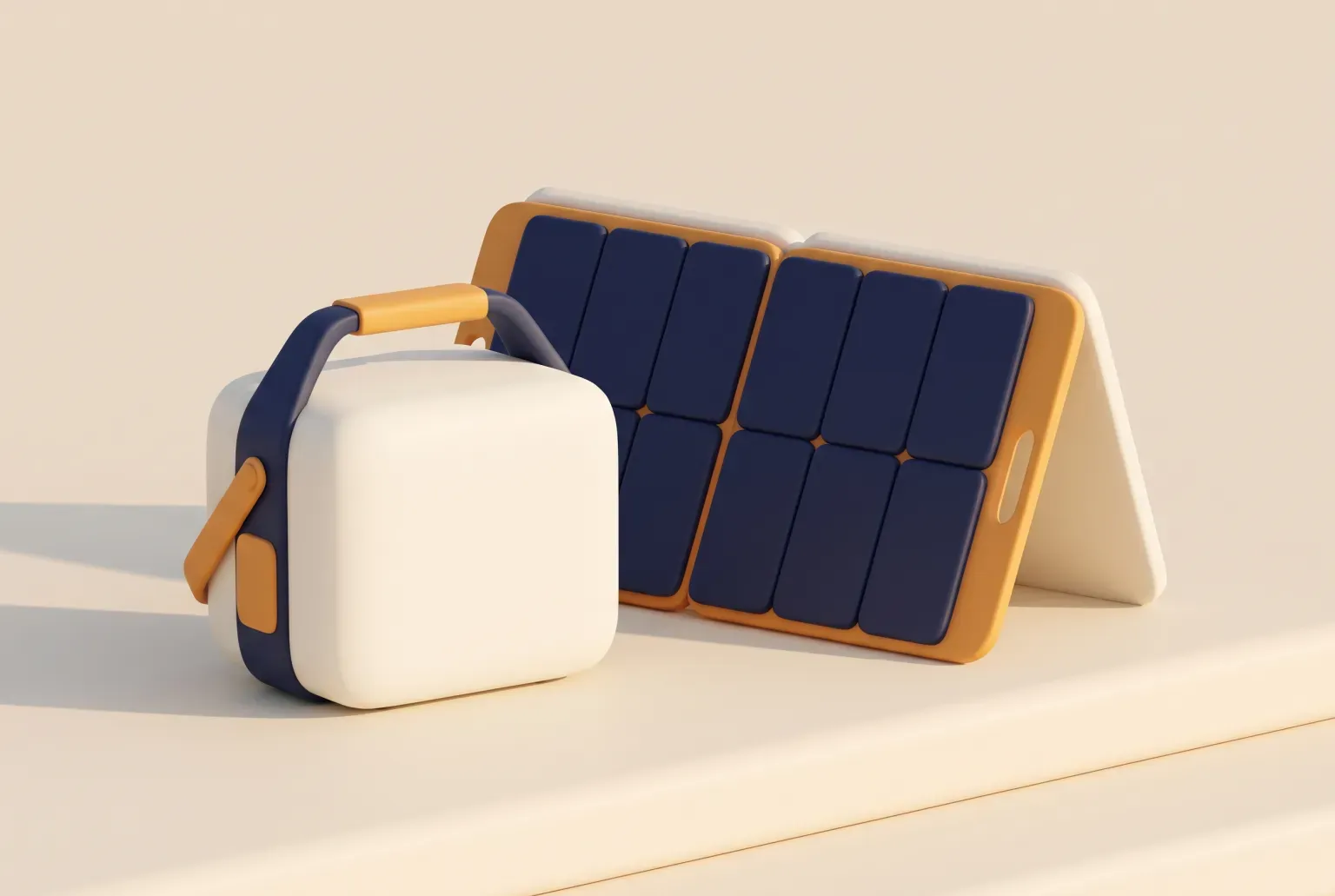 Illustration: a plain portable power station box with a folding solar panel propped beside it on a sunny porch, drawn as a soft 3D render. Not a real product.