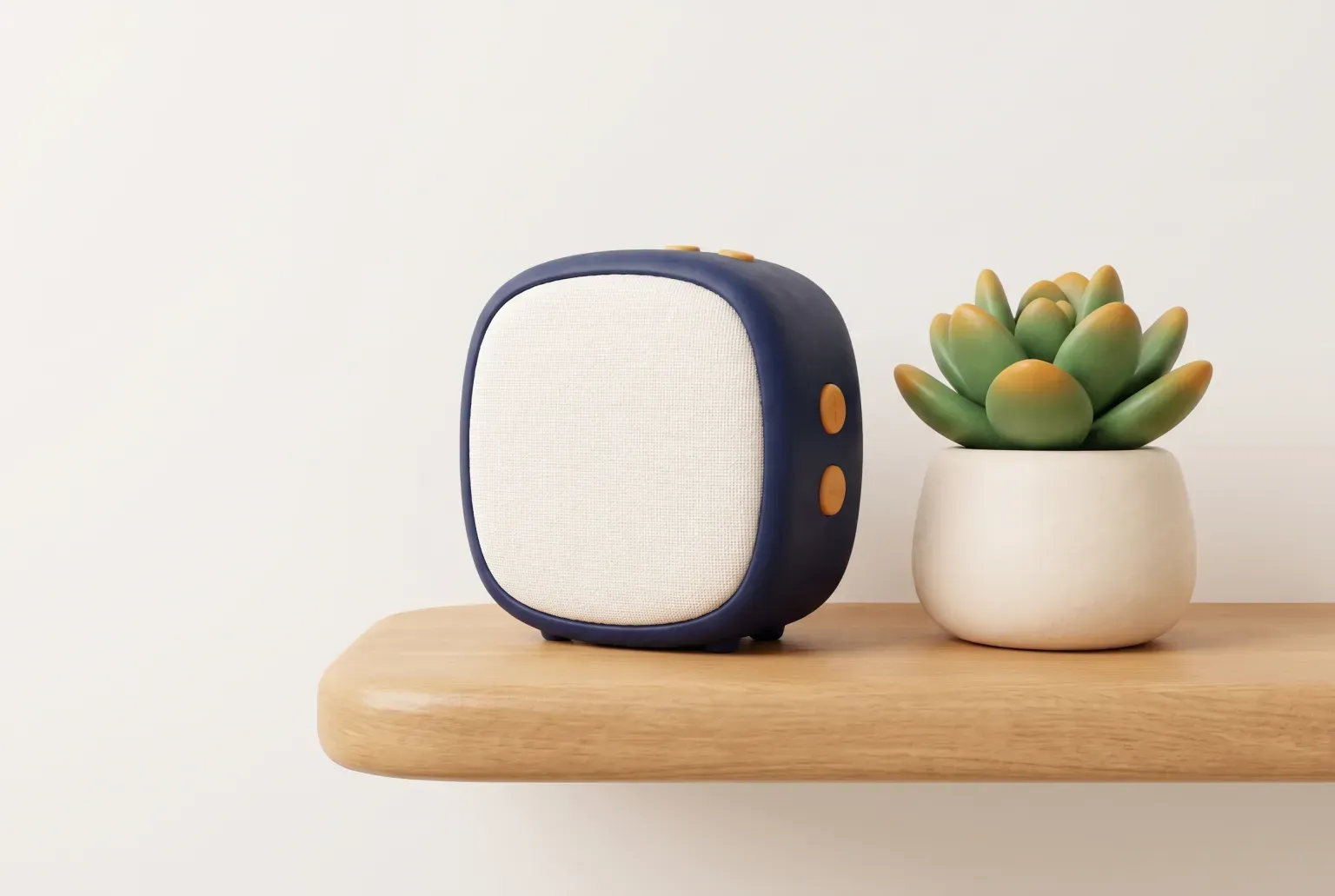 Illustration: a rounded navy portable speaker with a cream fabric front and amber buttons on a light wood shelf beside a small potted succulent, drawn as a soft 3D render. Not a real product.