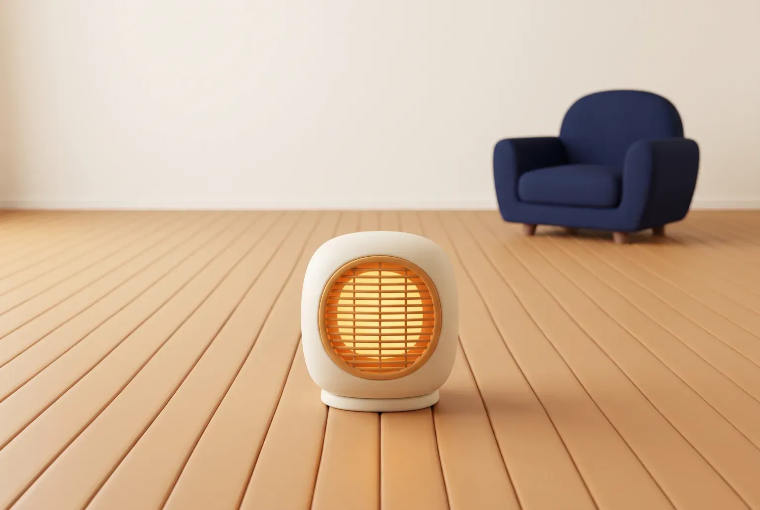 Illustration: a small plain ceramic space heater with a warm glowing grille, alone on a wooden floor well away from an armchair, drawn as a soft 3D render. Not a real product.