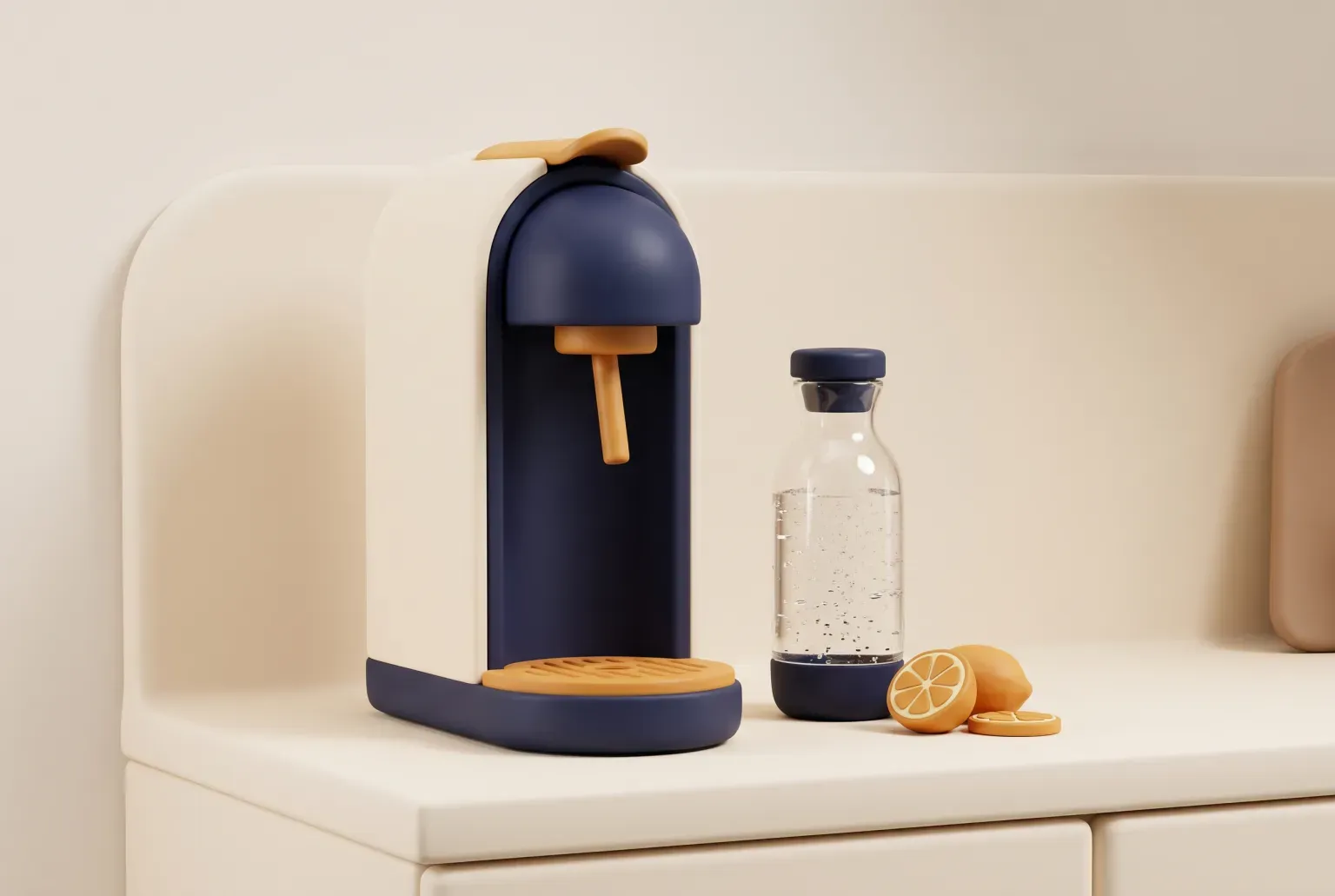 Illustration: a compact countertop sparkling water machine beside a clear glass bottle of fizzy water and lemon halves on a kitchen counter, drawn as a soft 3D render. Not a real product.