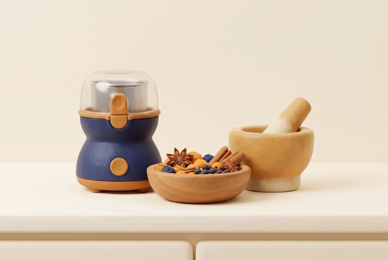 Illustration: a small round electric spice grinder with a clear lid beside a wooden bowl of whole spices and a stone mortar and pestle on a kitchen counter, drawn as a soft 3D render. Not a real product.